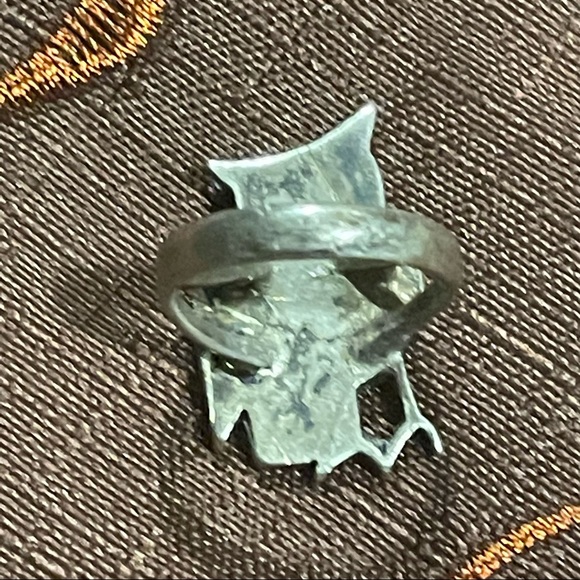 Vintage  turquoise and Jet inlayed sterling silver OWL ring sz 4 - Picture 5 of 6